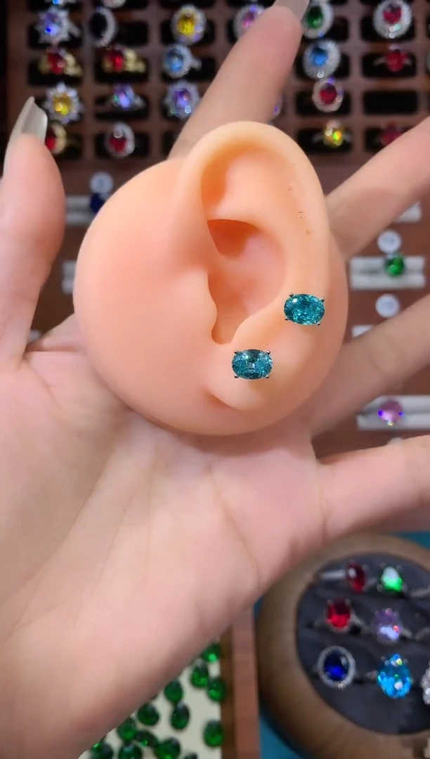 银S925镶嵌耳饰碧玺猫眼68白