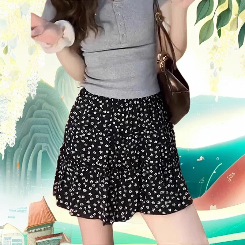 黑色碎花蛋糕短裙女高腰大码夏季胖mm遮肚显瘦梨形身材a字半身裙