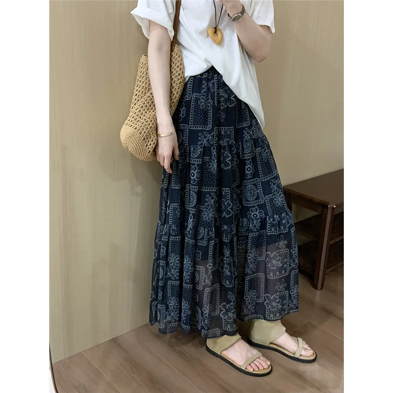 复古浪漫氛围感印花半身裙女春秋季中长款气质垂感森系a字长裙子