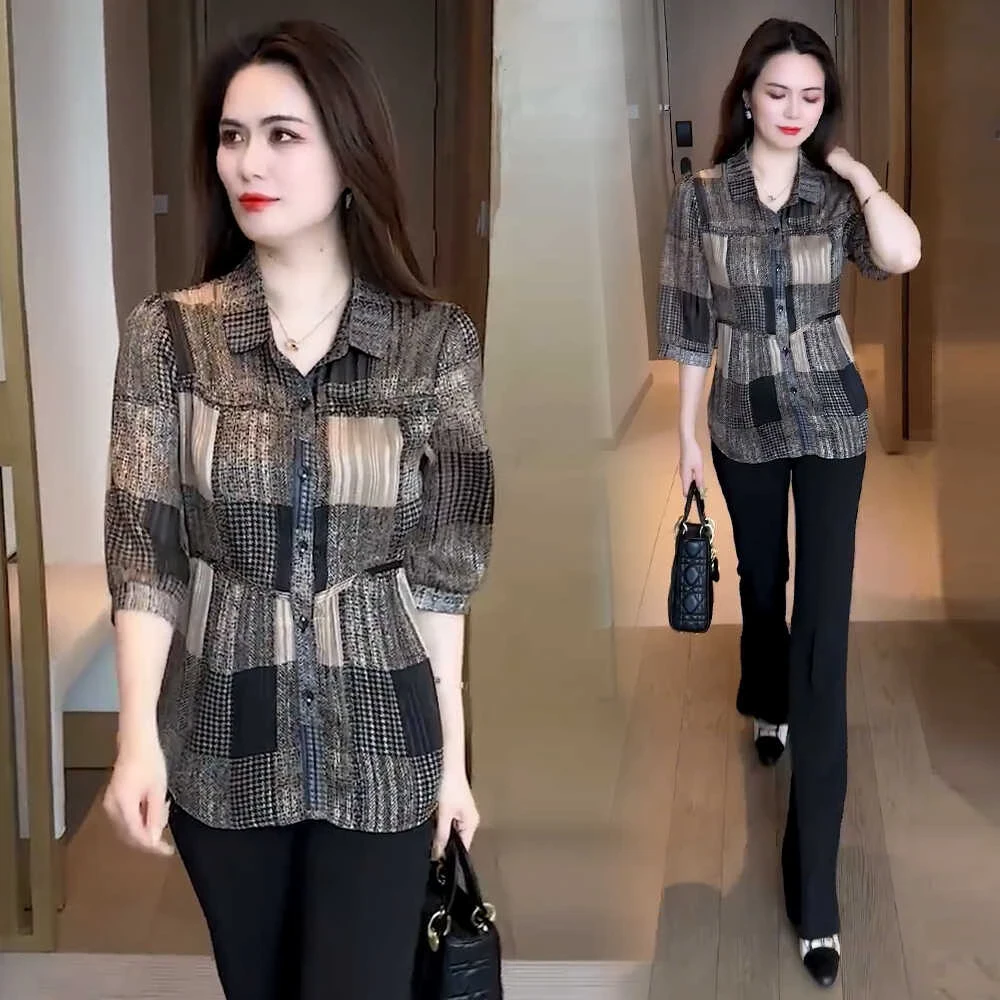 夏季格子印花衬衫女2025新款时尚洋气减龄中袖收腰polo领衬衣小衫