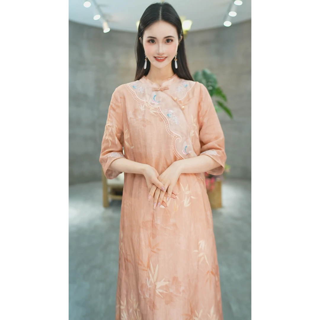 赠李白  100支苎麻大摆裙国风原创设计宽松改良旗袍7111