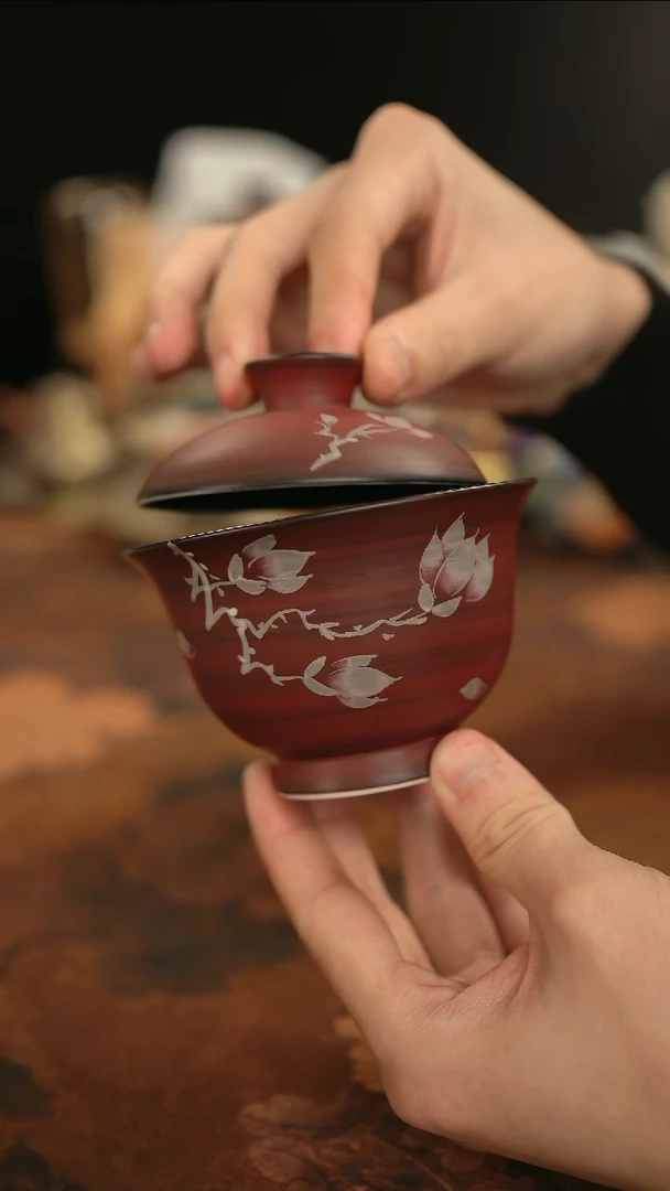 摩吉陶陶闪拍链接 红粉引二才盖碗