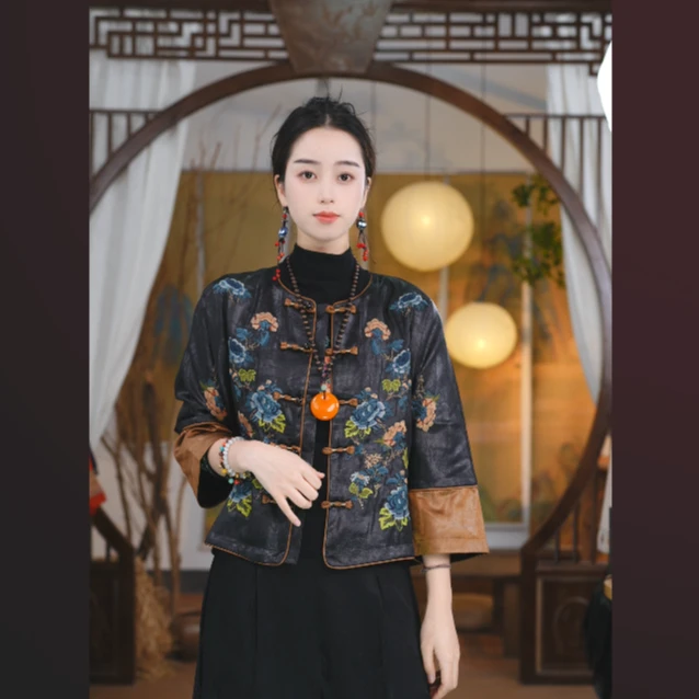 素娘中国风短款复古立领短外套印花提花民族风女士重刺绣S21129C