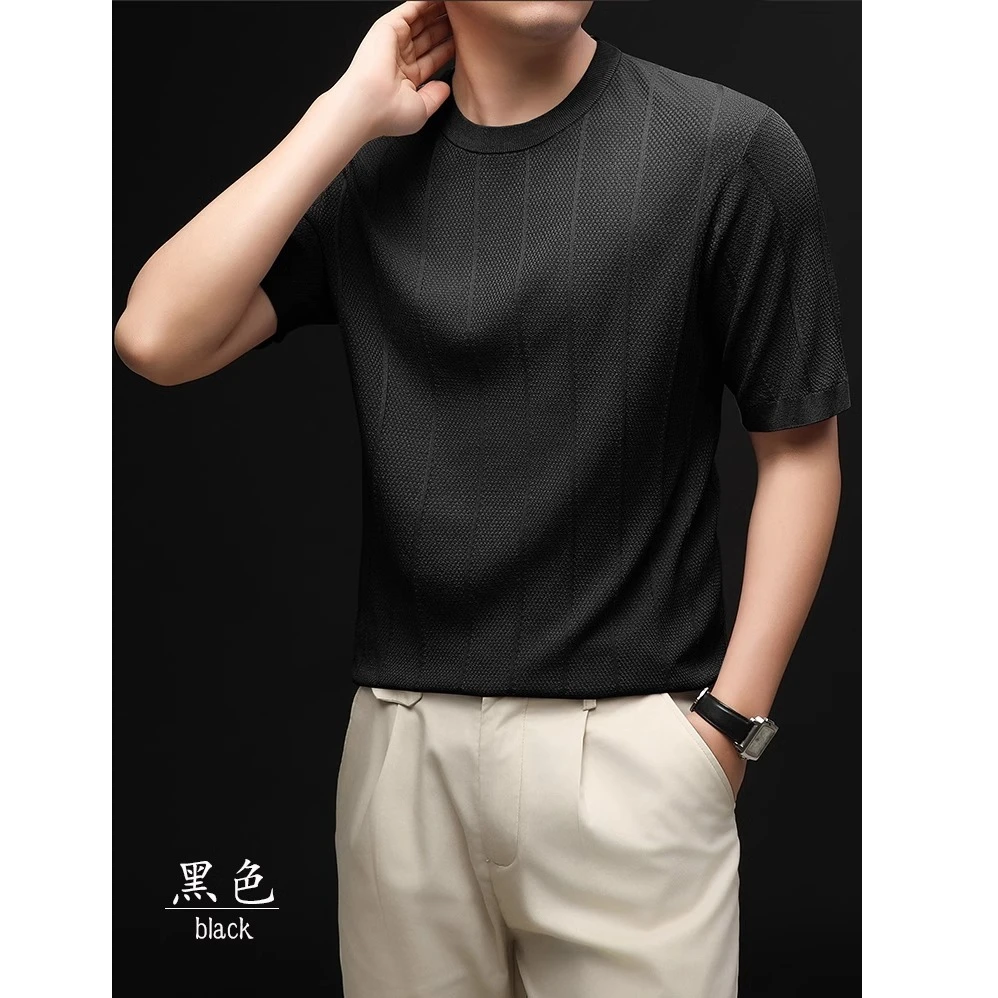 莫安摩萨利高端短袖圆领T恤男夏新款轻薄透气高级感冰丝针织上衣