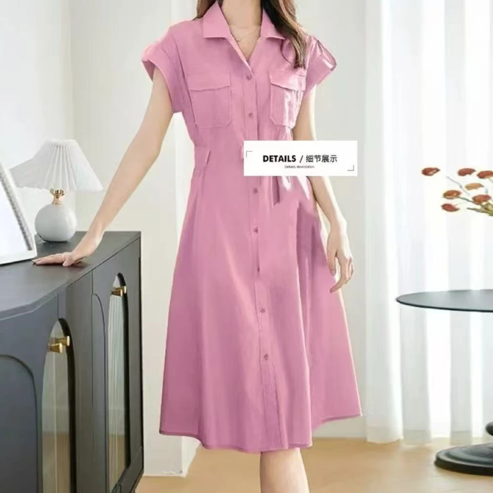 L155  夏季新款时尚通勤气质百搭显瘦翻领V领连衣裙Man