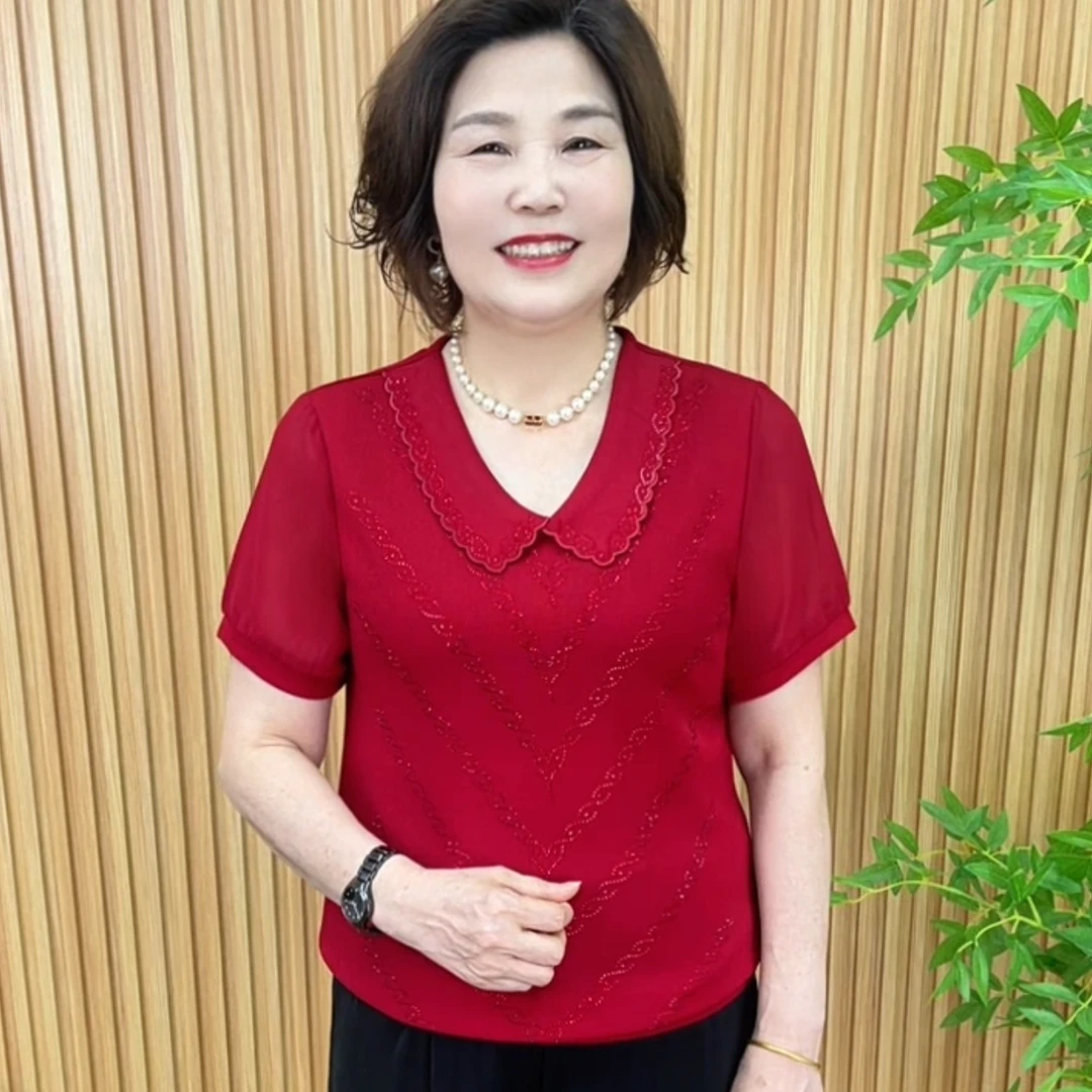 时尚常规烫钻纯色薄款中老年女装休闲百搭显瘦大码夏季V2797