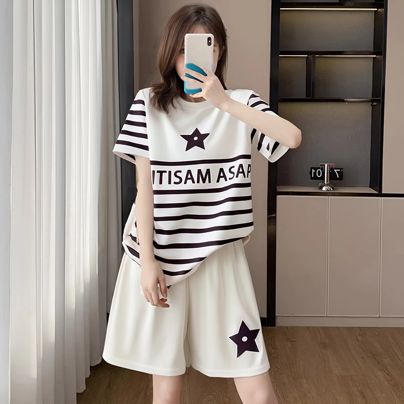 【粉丝专享】2件套夏季女短袖短裤宽松圆领休闲印花套装女韩版262