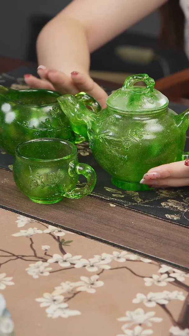 手工艺品琉璃古法琉璃绿色梅花茶具一套