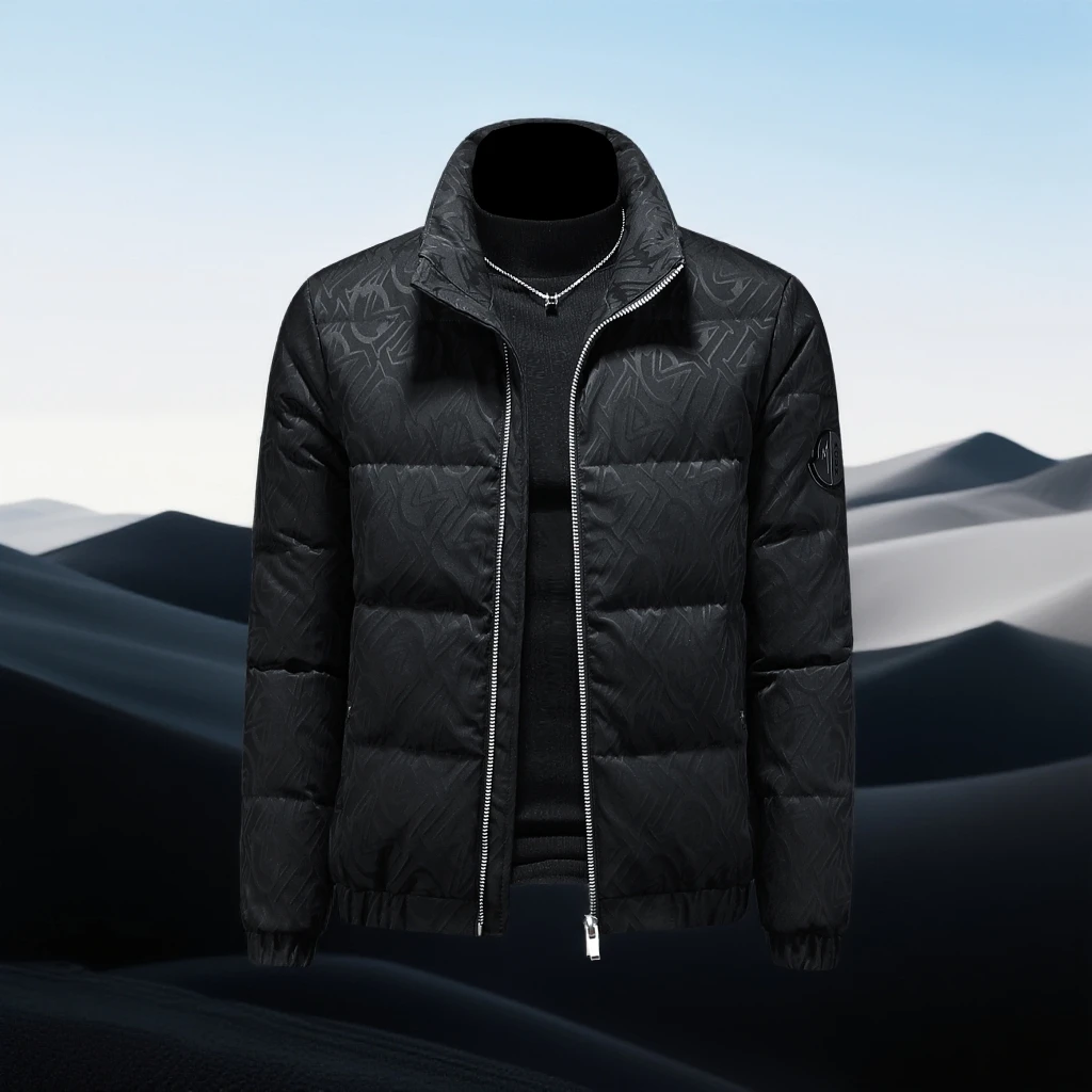 巴赛娜缇休闲羽绒服男黑色提花白鸭绒立领短款加厚保暖外套新款潮