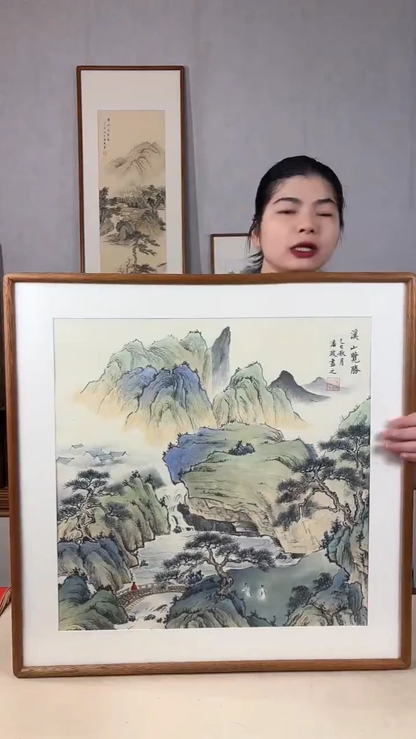 国画手绘*溪山揽胜*62*62cm实木框