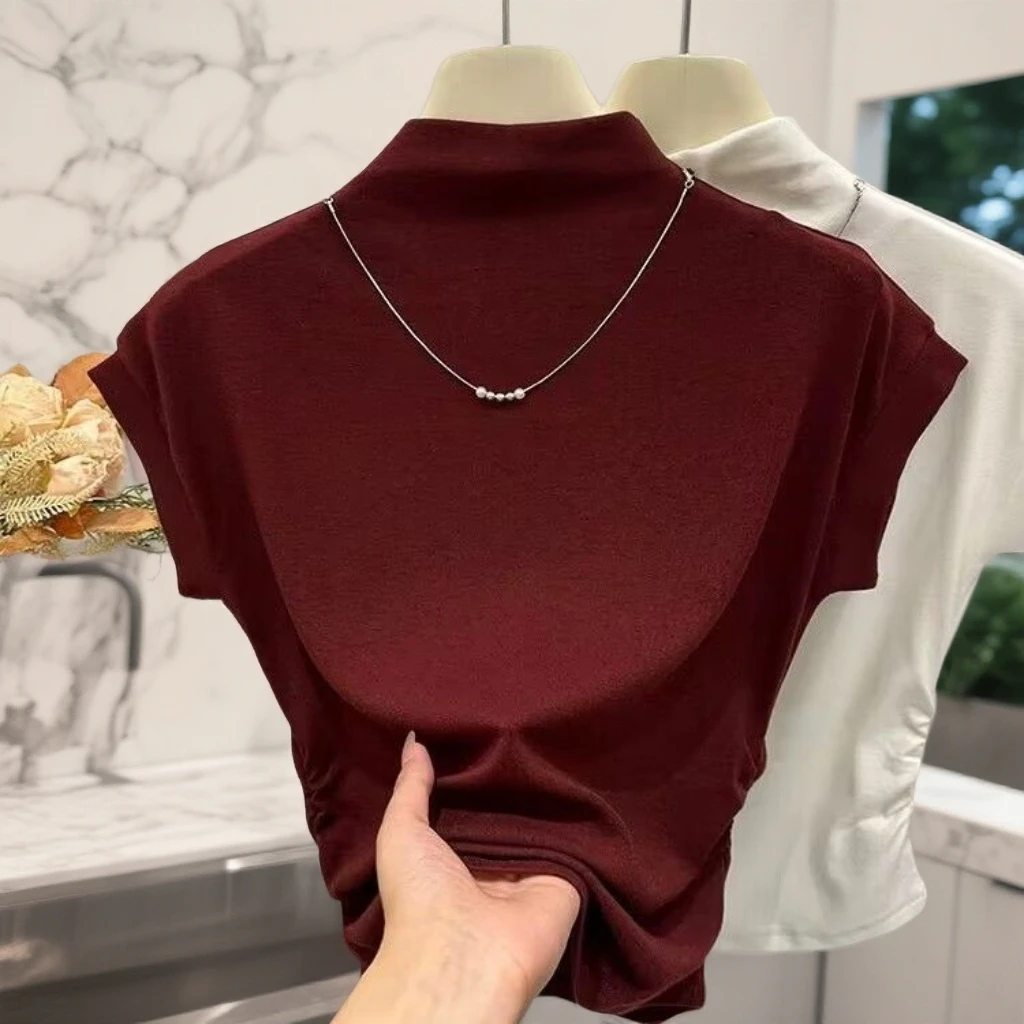莫代尔半高领短袖t恤女2025春秋新款收腰显瘦项链内搭打底衫上衣