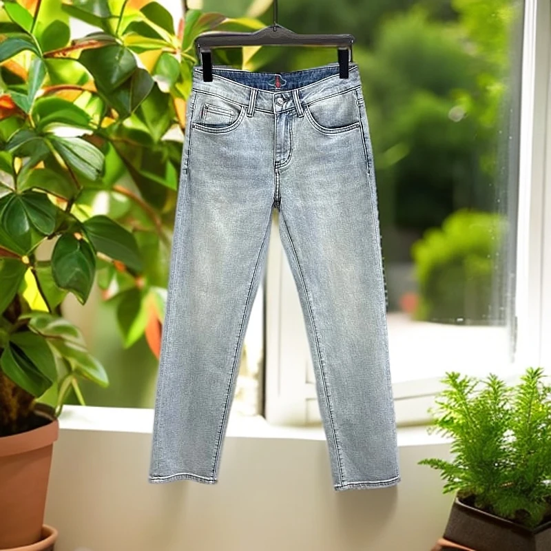 娜罗普西时尚蓝色简约高端男士牛仔裤夏季新款口袋字母印花长裤