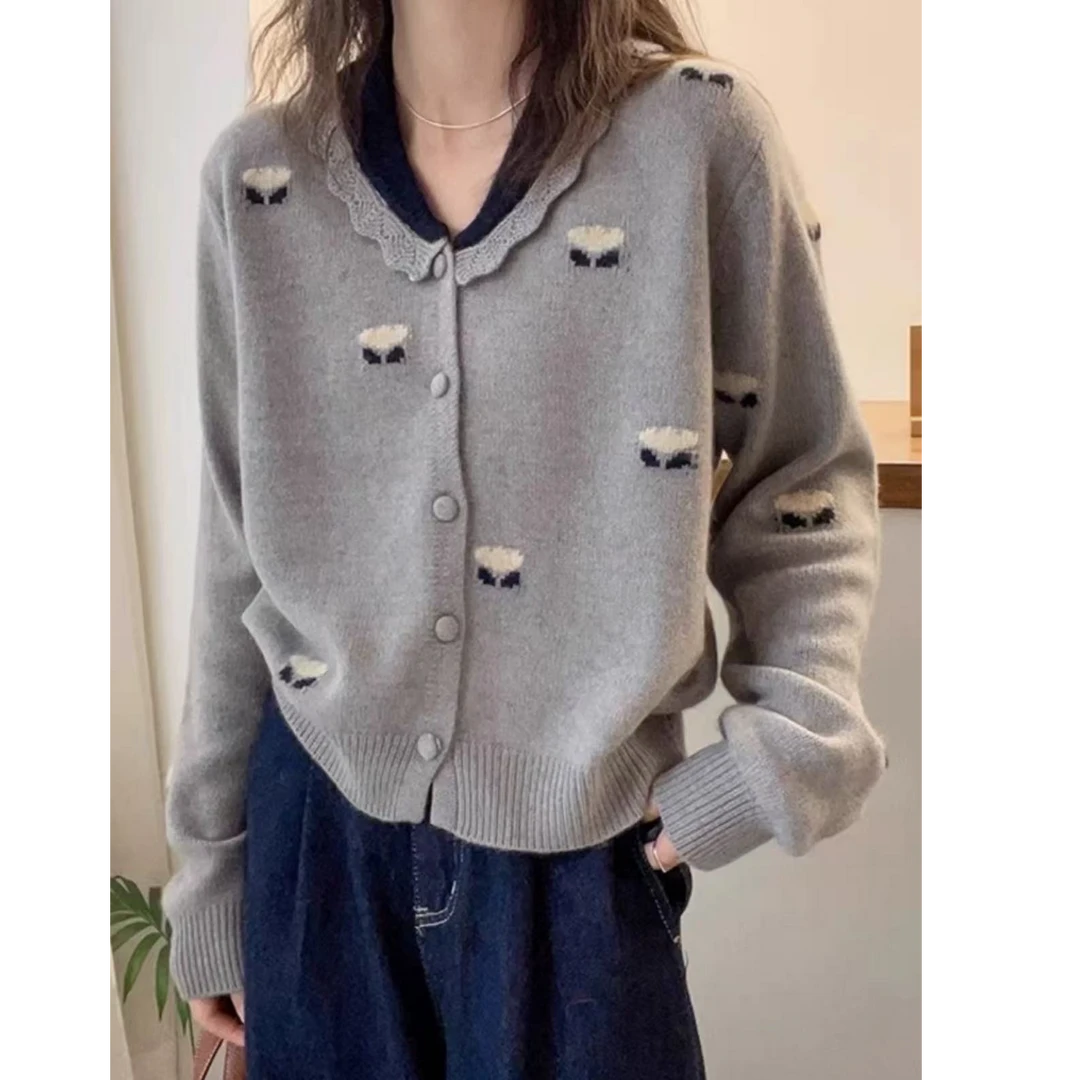 【小羊提花】秋冬新款单排扣针织毛衣开衫外穿宽松圆领上衣女
