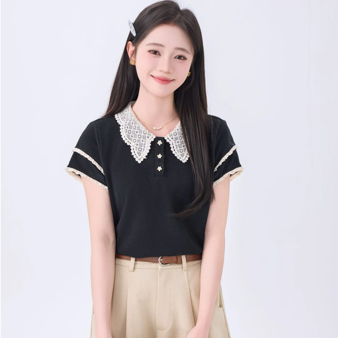 慕兔法式花朵纽扣蕾丝领设计感短袖
