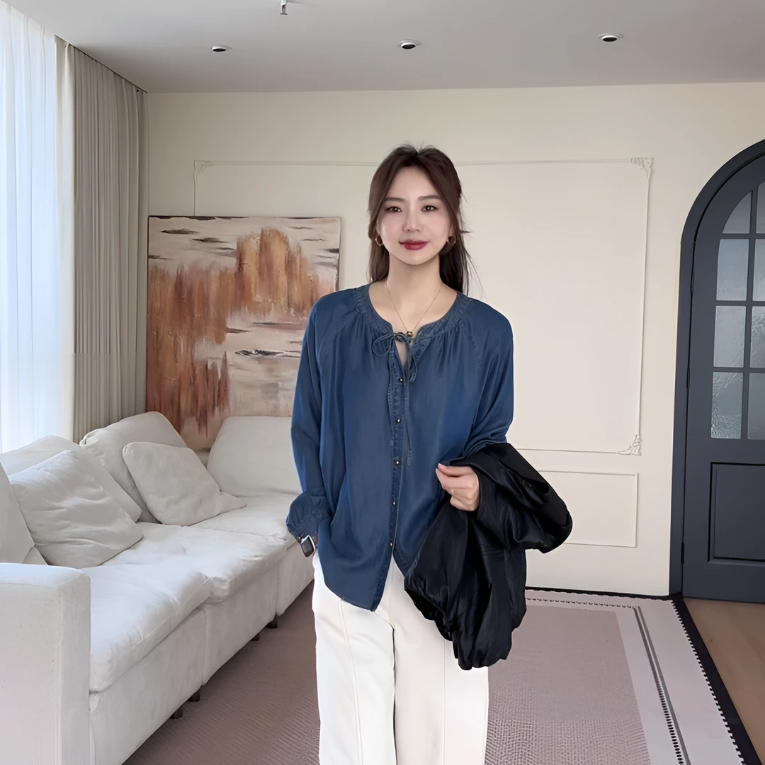 【余欢欢】秋季休闲时尚百搭圆领插肩袖长袖衬衫-YHW50701