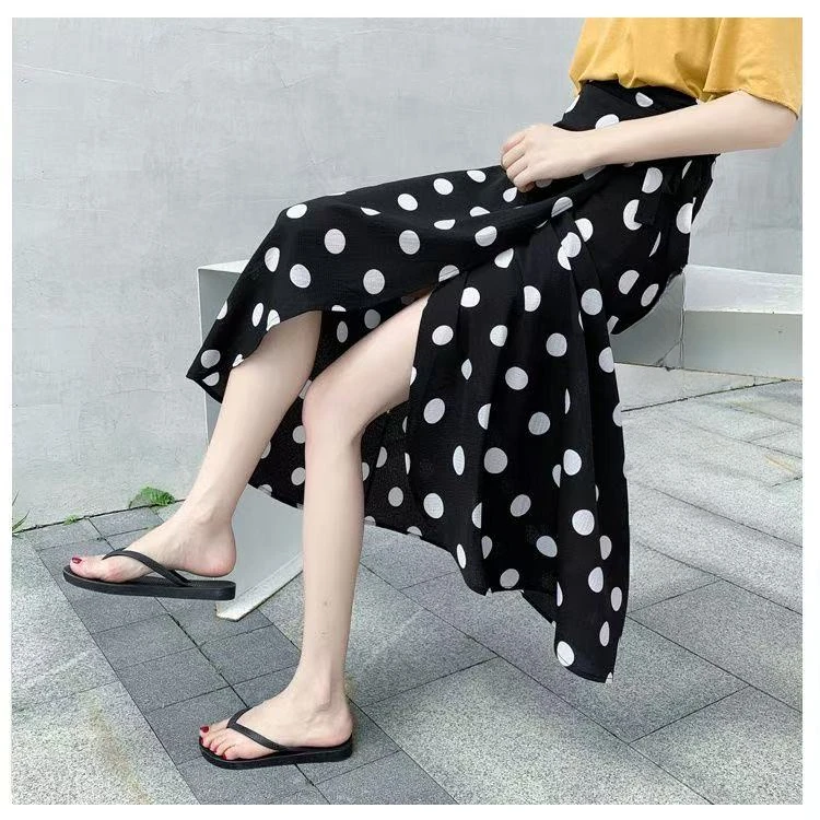 8851#【裙长73】夏季高腰波点中长款薄款半身裙