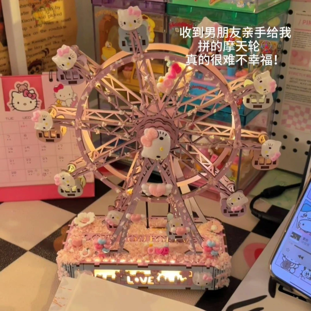 DIY手工拼装彩色旋转KT梦园摩天轮八音盒hellokitty摩天轮八音盒