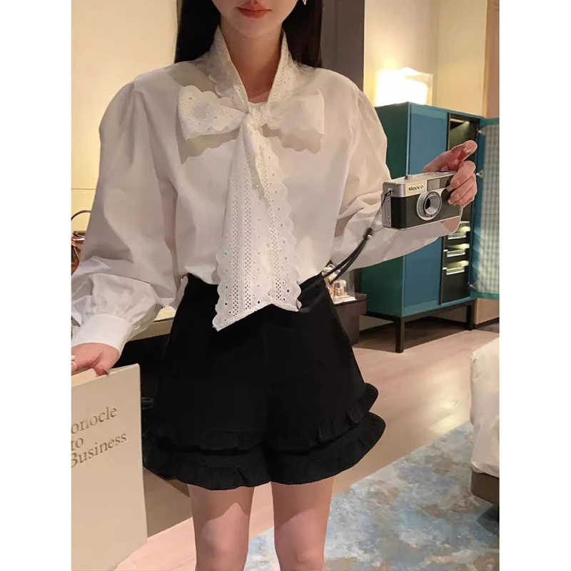 蝴蝶结装饰宽松版型长袖衬衫小个子女生百搭显瘦纯棉防晒上衣