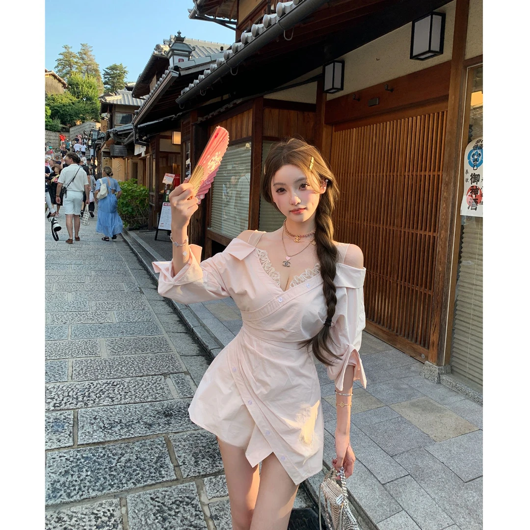 【樱岛晴日】性感露肩刺绣衬衫裙早秋新款时尚高级感显瘦收腰连衣裙