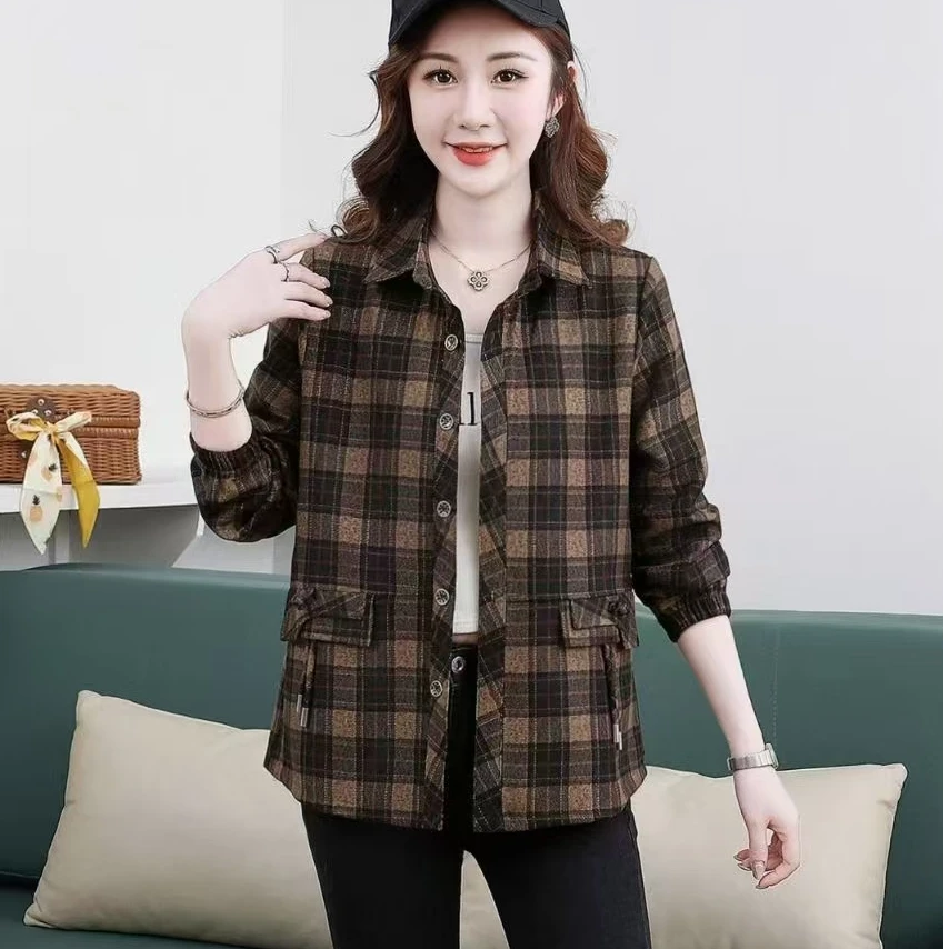 C329新款中年妈妈装长袖秋款中年女外套女上衣气质宽松百搭格子