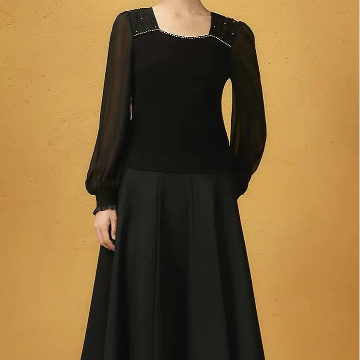 G+2025秋季新款专选纱袖拼接方领上衣百搭针织衫0308