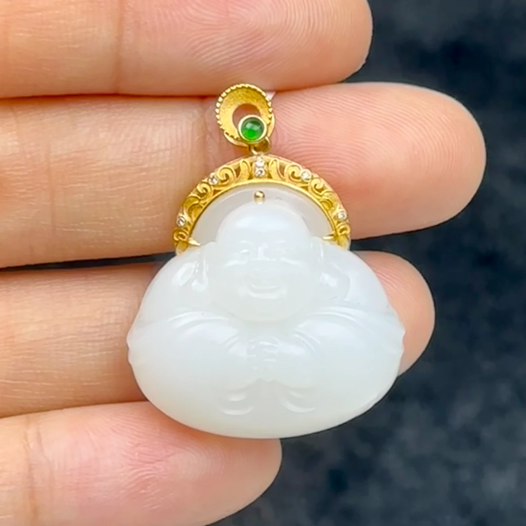 【鹿鸣】18k白玉抱抱佛吊坠 不含链 LM09