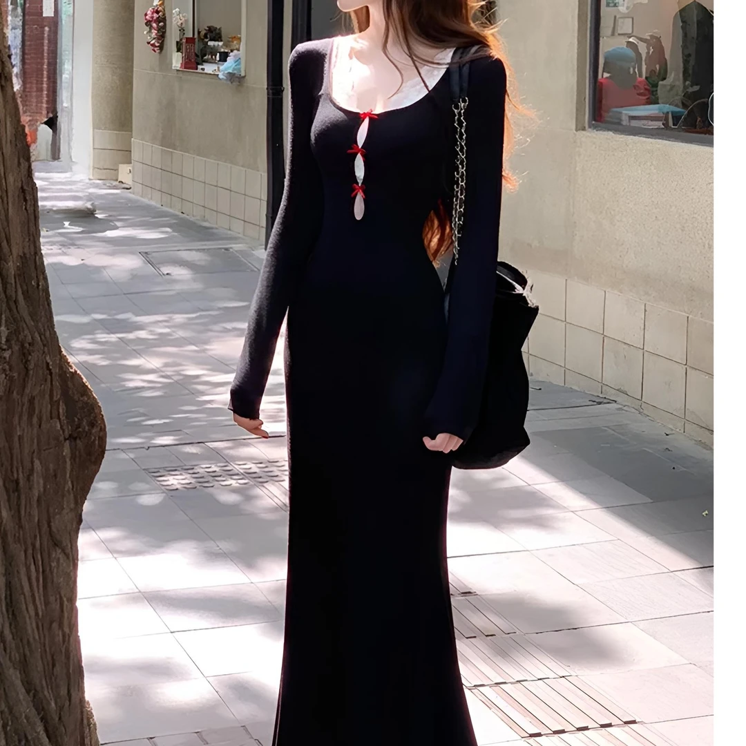 INS CEC赫本风黑色连衣裙子女春秋季2025新款高级感法式气质长裙