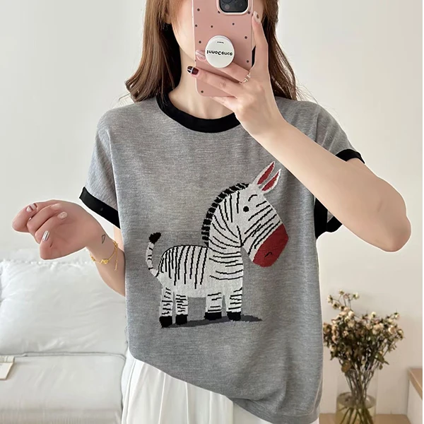 夏季薄款千金短袖竹节麻针织衫大码拼色圆领套头衣服宽松潮流上衣