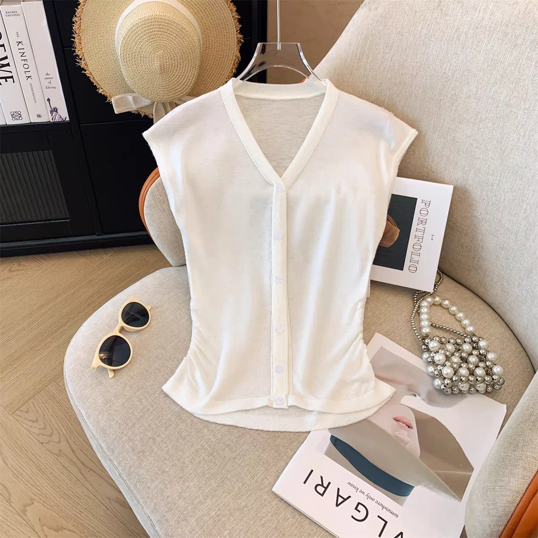 清-单排扣V领小飞袖针织短袖假开衫172842