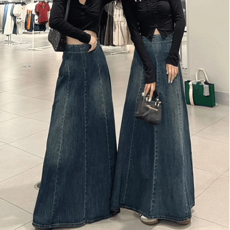 复古显瘦高腰A字半身裙女2025秋冬设计感拼接牛仔裙洋气减龄长裙