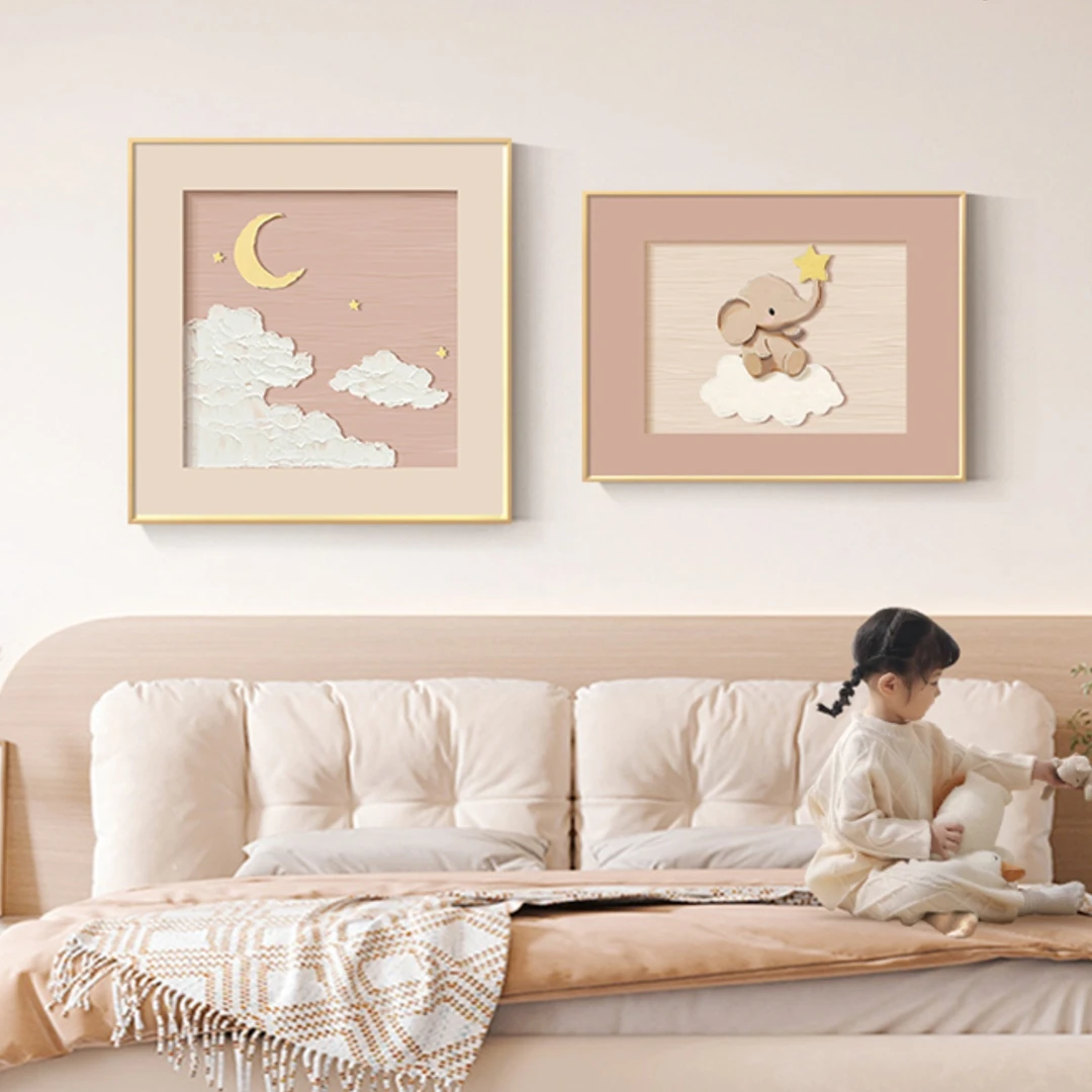 奶油风儿童房装饰画北欧卡通动物女孩床头挂画治愈系卧室餐厅壁画