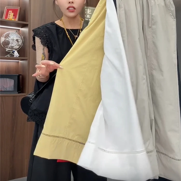 2025夏季新款松紧腰百搭九分裤阔腿裤女薄款镂空花边宽松休闲裤潮