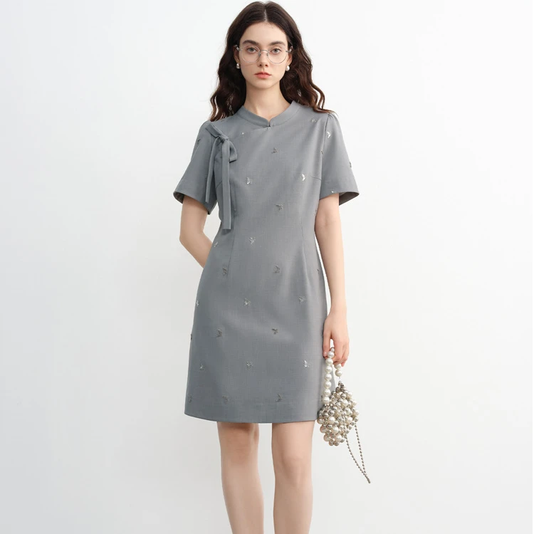 独束大码女装改良新中式连衣裙收腰显瘦A字裙25闪闪82314