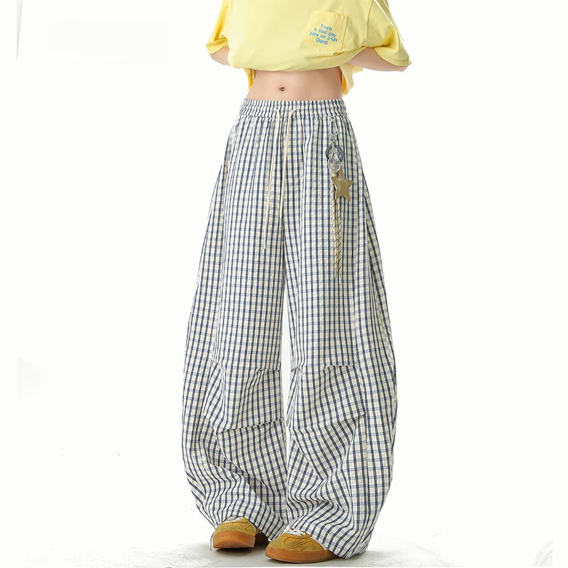 慵懒感格子休闲弯刀裤男女夏季潮ins星星挂饰阔腿裤宽松情侣长裤
