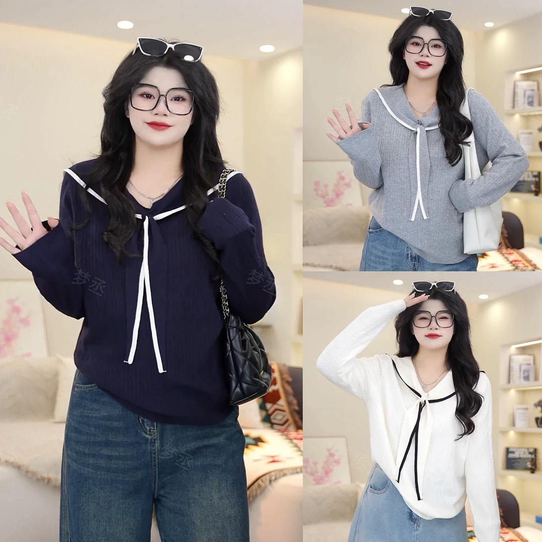 梦丞【陷进温柔】秋冬大码针织学院风宽松显瘦系带海军领长袖上衣