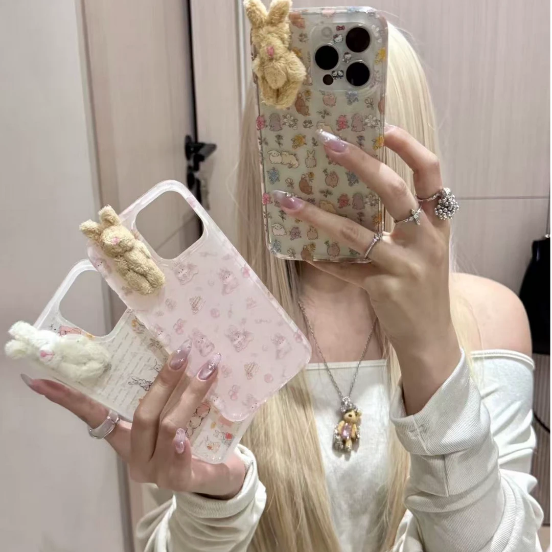 IMD双层立体毛绒兔适用于苹果16promax手机壳15pro/14满屏英文潮x