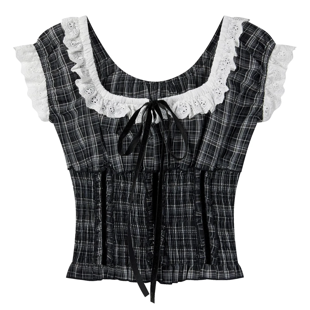 羊城故事-复古格纹方领短袖衬衫女新款夏季减龄修身衬衣X7420D