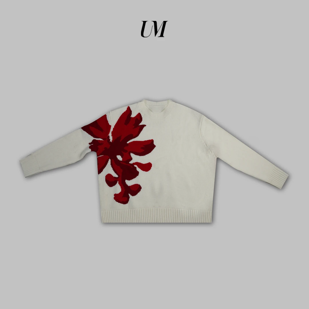【U.M】新年红色花朵图案针织毛衣