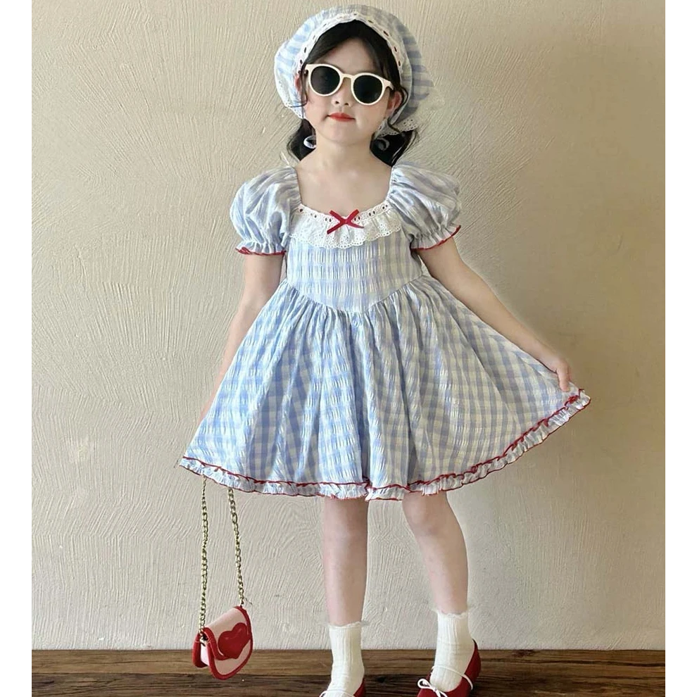 《小思家》女童2025夏季新款休闲五一出游公主风泡泡袖蓝格子连衣裙
