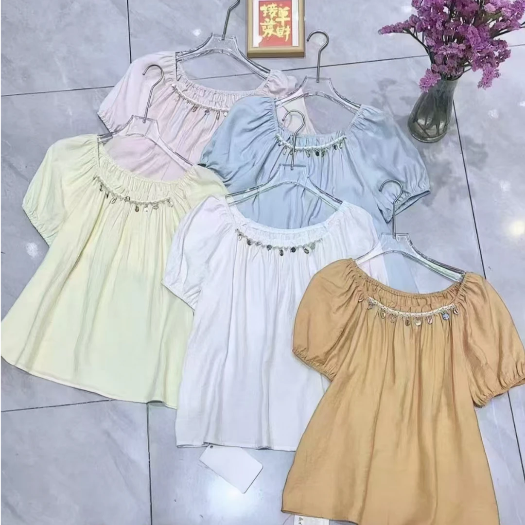 【锦衣服饰】YB A 26韩系手工串珠一字肩泡泡袖衬衫