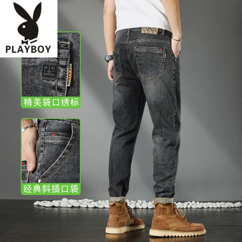 花花公子夏季薄款男士牛仔裤水洗修身弹力直筒百搭休闲长裤