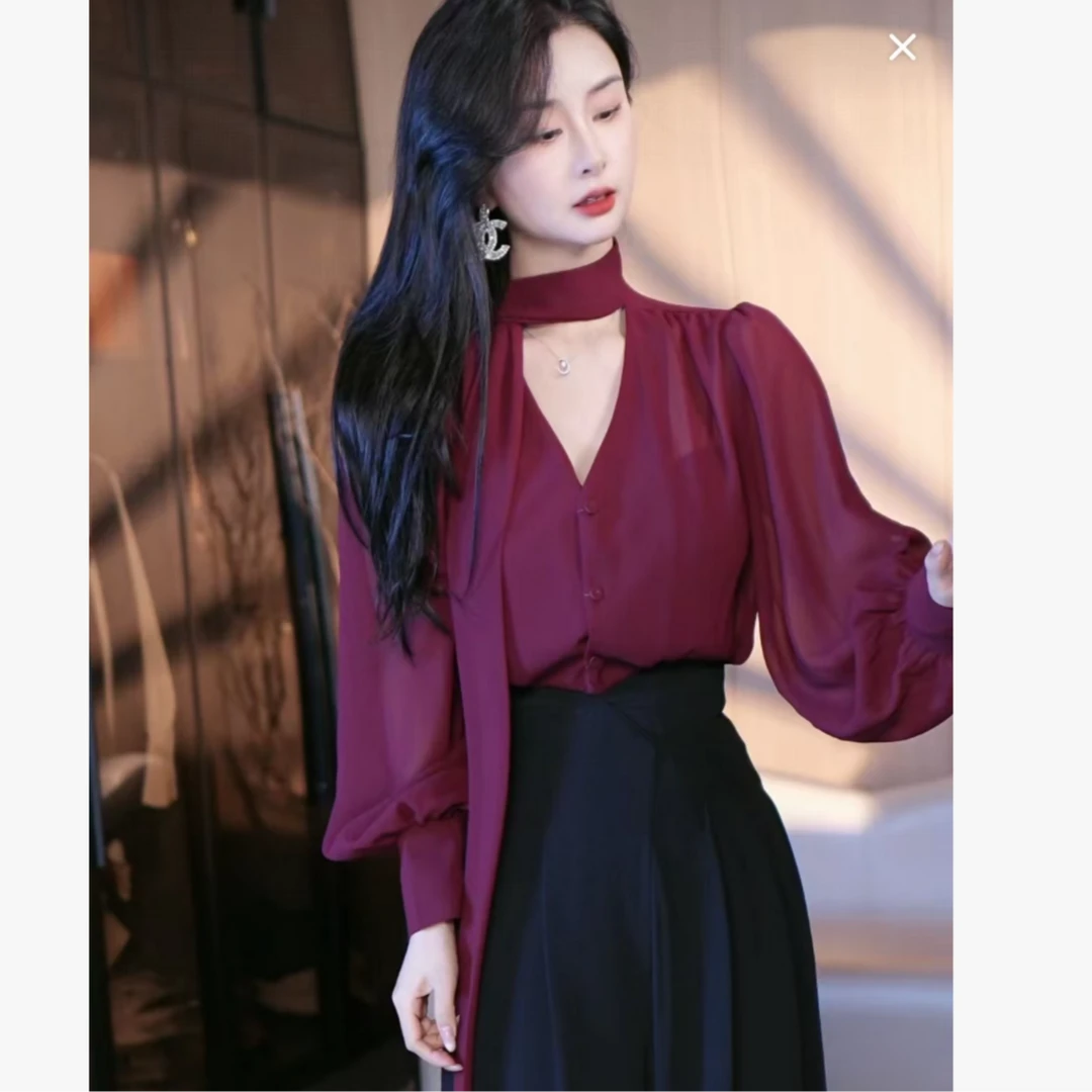 刘欣服饰 2025新款早秋装V领显瘦气质网红洋气长袖法式上衣9517