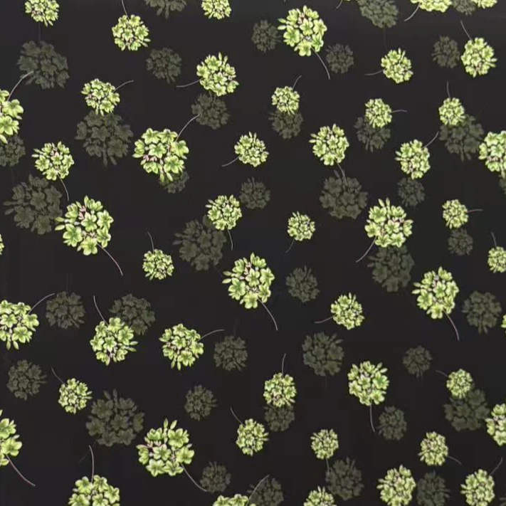 【黑底绿色绣球花弹力双绉面料布料】微弹不透肉时尚时装面料雪纺