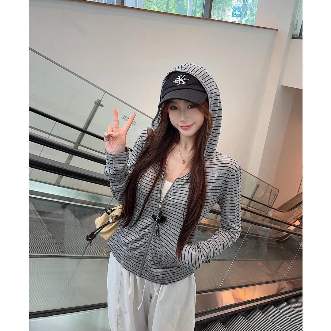 【运补6】莱赛尔条纹拉链连帽防晒上衣针织长袖休闲韩版慵懒外套女