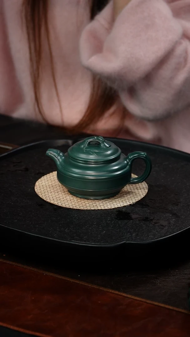 茶壶紫砂蒋工堂 双线竹鼓70 绿泥 230毫升