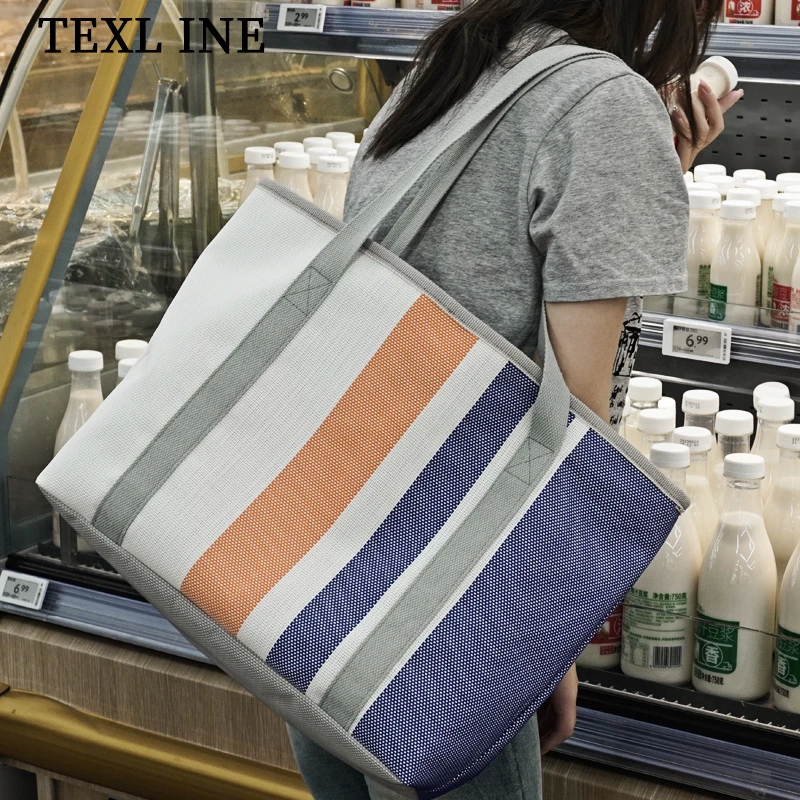 2025新款休闲通勤单肩托特包外出购物袋女大容量条纹包宝妈包
