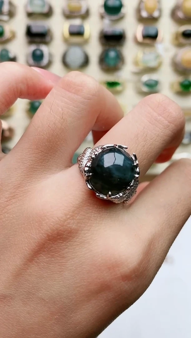 翡翠戒指银S925镶嵌天然翡翠男戒