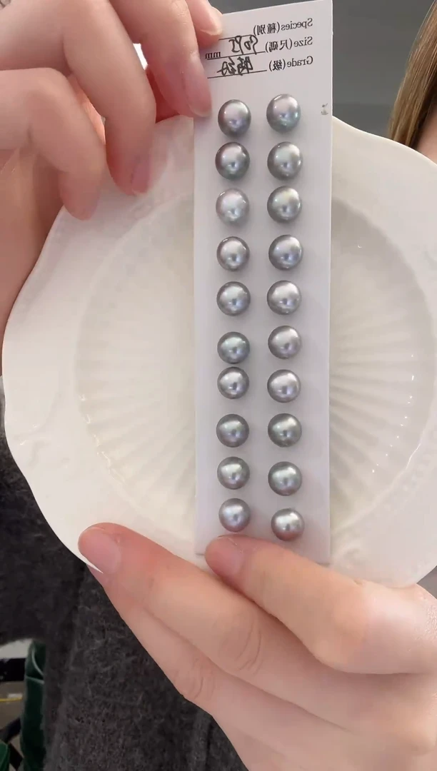 银S925镶嵌耳饰淡水珍珠约9mm 无核铂金灰耳钉