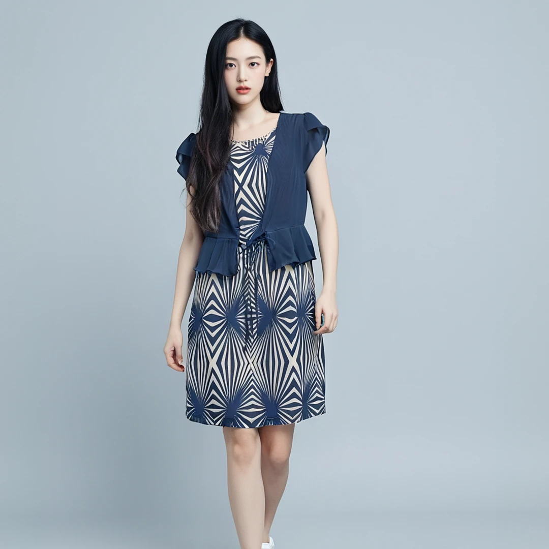 夏季时尚印花假两件开衫连衣裙S928