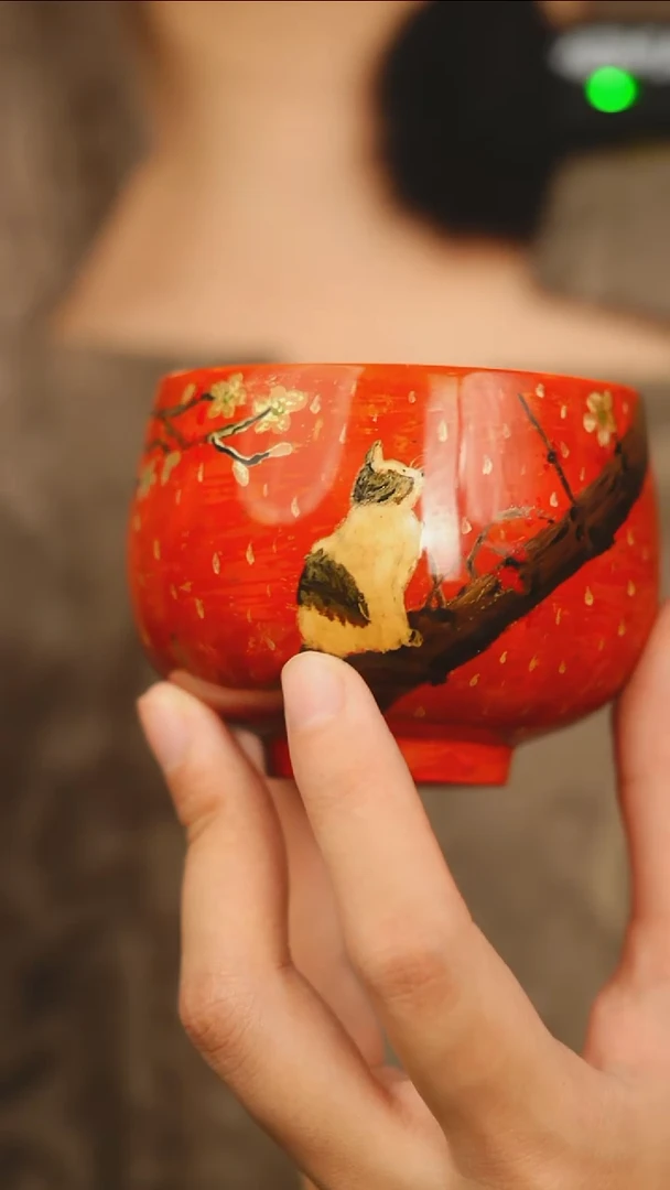 @手绘猫咪暖橙色主人杯@ 非遗大漆